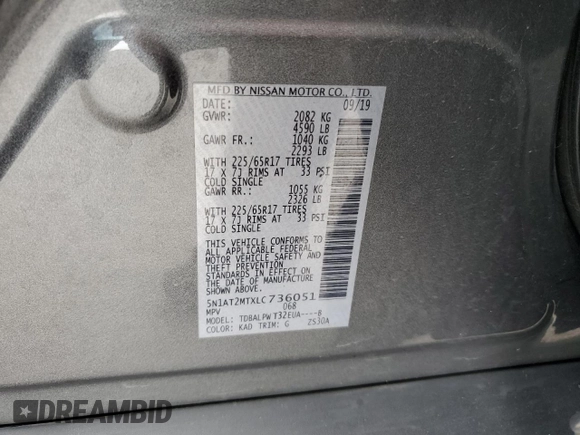 2020 Nissan Rogue S with VIN 5N1AT2MTXLC736051, listed as a Copart auction lot 60678115 with 64,170 mi miles and Salvage title. Bid and sale history available at DreamBid. Image 14.