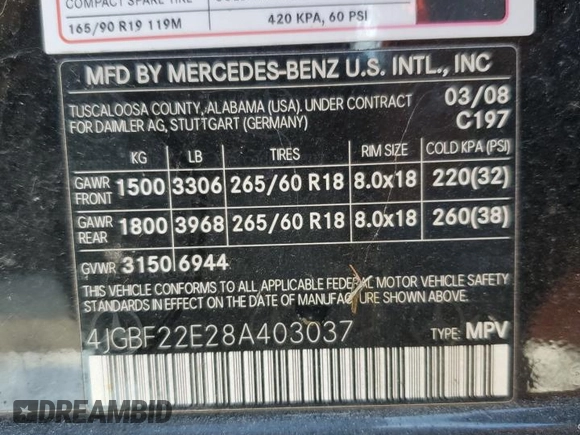2008 Mercedes-Benz GL-Class 3.0L CDI with VIN 4JGBF22E28A403037, listed as a Copart auction lot 41852165 with 185,022 mi miles and Non Repairable. Bid and sale history available at carsss.com. Image 13.