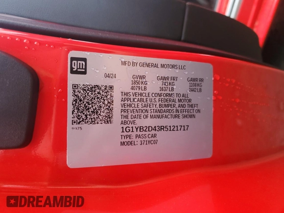 2024 Chevrolet Corvette 2LT with VIN 1G1YB2D43R5121717, listed as a Copart auction lot 61812805 with 1,084 mi miles and Salvage title. Bid and sale history available at DreamBid. Image 12.