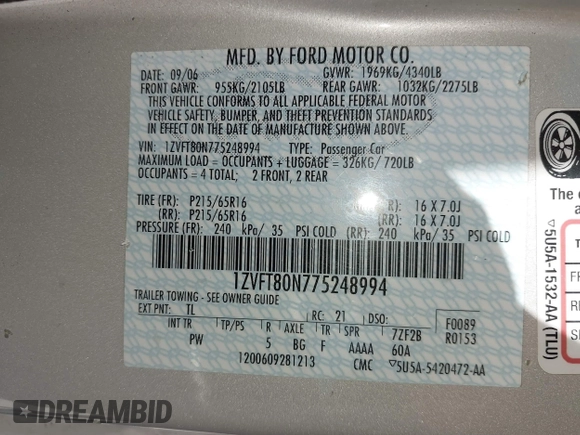 2007 Ford Mustang Deluxe z VIN 1ZVFT80N775248994, wystawiony jako IAAI lot #42503507 z przebiegiem 81 703 mil mil oraz . Historia ofert i sprzedaży dostępna na DreamBid. Obrazek 9.