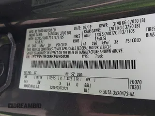 2019 Ford F-150 Raptor with VIN 1FTFW1RG9KFB45830, listed as a IAAI auction lot 41602022 with 136,401 mi miles. Bid and sale history available at carsss.com. Image 9.