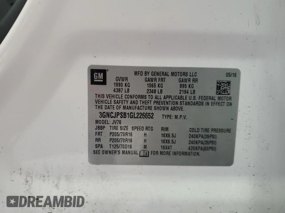 2016 Chevrolet Trax LT with VIN 3GNCJPSB1GL226652, listed as a Copart auction lot 51657395 with 100,883 mi miles and Salvage Title. Bid and sale history available at DreamBid. Image 13.