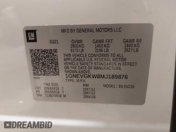 2021 Chevrolet Traverse LT Cloth with VIN 1GNEVGKW8MJ189876, listed as a IAAI auction lot 41719747 with 60,916 mi miles. Bid and sale history available at carsss.com. Image 9.