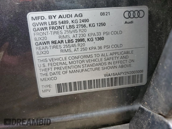 2022 Audi Q5 Sportback S line Premium Plus with VIN WA15AAFY2N2003008, listed as a Copart auction lot 64431705 with 98,944 mi miles and Clean title. Bid and sale history available at DreamBid. Image 13.