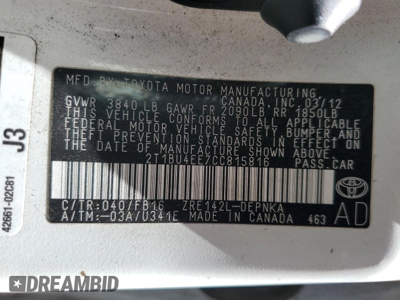 2012 Toyota Corolla L with VIN 2T1BU4EE7CC815816, listed as a Copart auction lot 54789165 with 246,316 mi miles and Salvage Title. Bid and sale history available at DreamBid. Image 12.