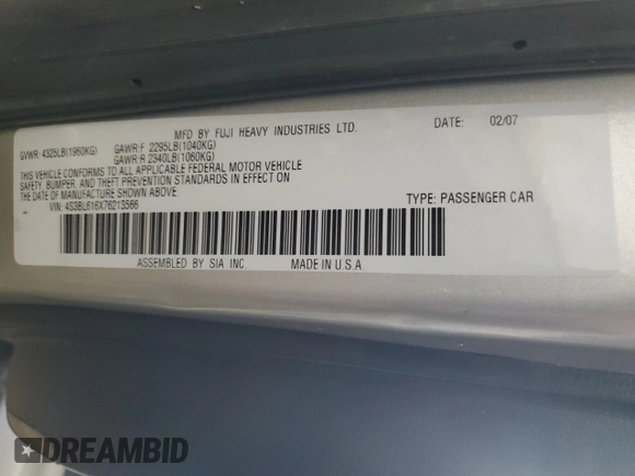 2007 Subaru Legacy Special with VIN 4S3BL616X76213566, listed as a Copart auction lot 79399704 with Not provided miles and Salvage title. Bid and sale history available at DreamBid. Image 12.