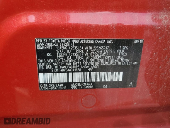 2010 Toyota RAV4 Limited with VIN 2T3YF4DV6AW041678, listed as a Copart auction lot 43366725 with Not provided miles and Salvage title. Bid and sale history available at DreamBid. Image 12.