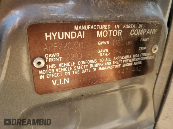 2001 Hyundai Sonata GLS with VIN KMHWF35V61A477442, listed as a Copart auction lot 64907884 with 160,326 mi miles and Salvage Title. Bid and sale history available at carsss.com. Image 13.