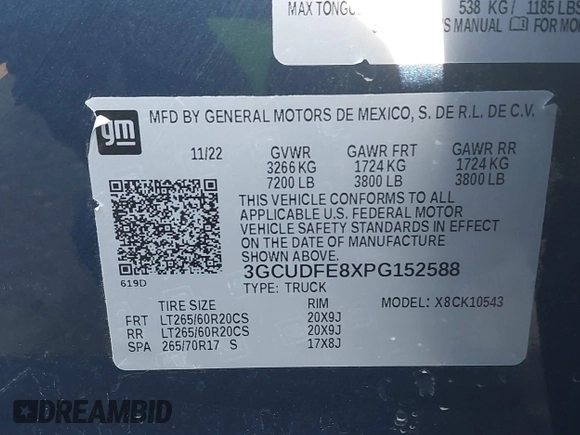 2023 Chevrolet Silverado 1500 LT Trail Boss with VIN 3GCUDFE8XPG152588, listed as a IAAI auction lot 41824795 with 21,903 mi miles and . Bid and sale history available at DreamBid. Image 9.