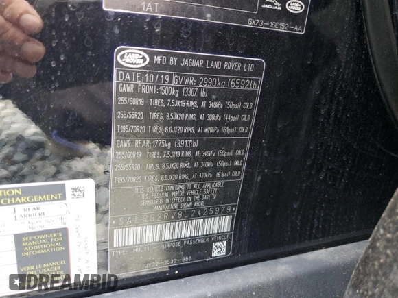 2020 Land Rover Discovery SE with VIN SALRG2RV8L2425979, listed as a Copart auction lot 65805884 with 84,482 mi miles and Salvage Title. Bid and sale history available at carsss.com. Image 15.