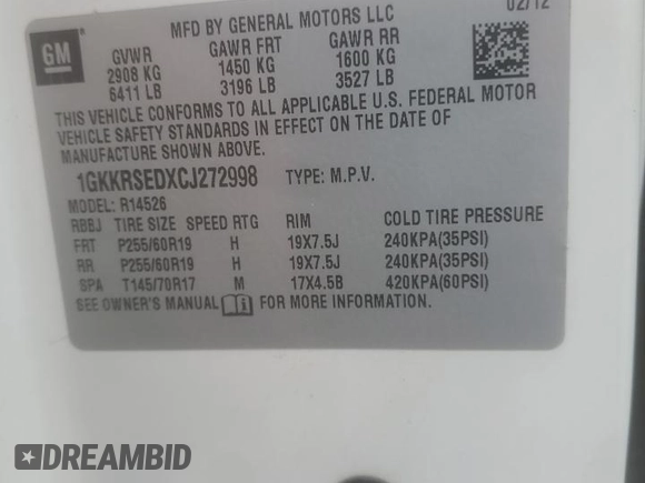 2012 GMC Acadia SLT2 with VIN 1GKKRSEDXCJ272998, listed as a Copart auction lot 80511954 with 174,972 mi miles and Salvage Title. Bid and sale history available at carsss.com. Image 13.