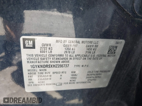 2017 Cadillac XT5 Luxury AWD with VIN 1GYKNDRSXHZ286737, listed as a IAAI auction lot 42428613 with 81,648 mi miles and . Bid and sale history available at DreamBid. Image 9.