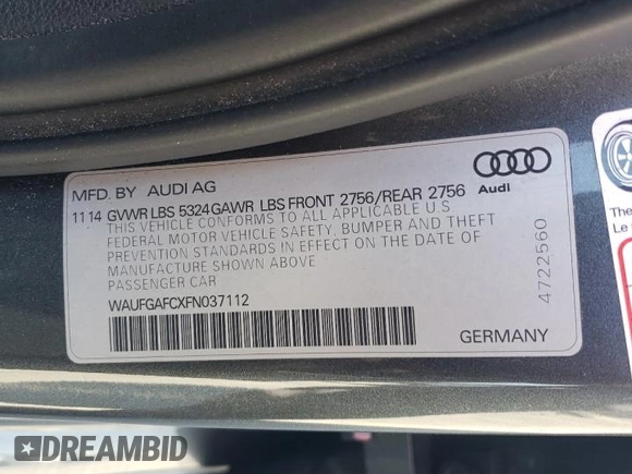 2015 Audi A6 Premium Plus with VIN WAUFGAFCXFN037112, listed as a Copart auction lot 52629515 with 75,551 mi miles and Salvage title. Bid and sale history available at DreamBid. Image 13.