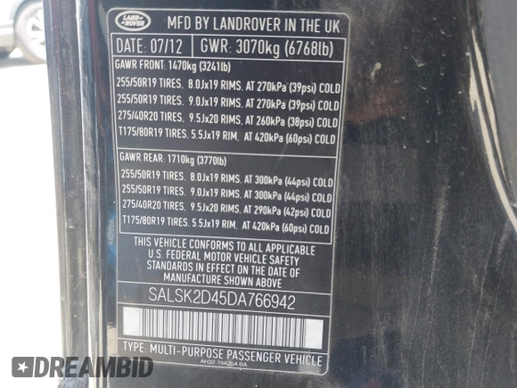 2013 Land Rover Range Rover Sport HSE Lux with VIN SALSK2D45DA766942, listed as a IAAI auction lot 42477658 with 188,101 mi miles and . Bid and sale history available at DreamBid. Image 9.