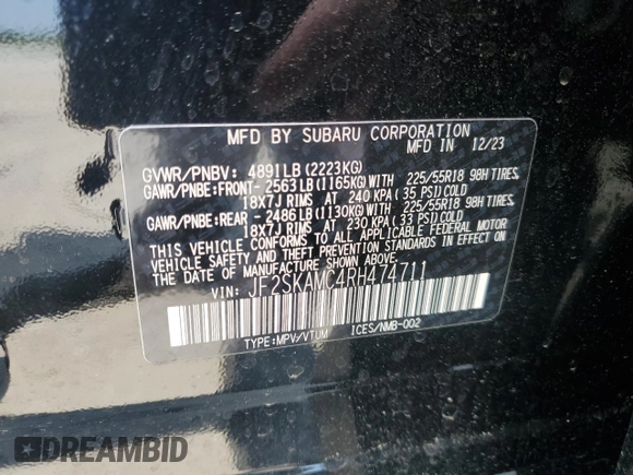 2024 Subaru Forester Touring with VIN JF2SKAMC4RH474711, listed as a Copart auction lot 59582405 with 5,373 mi miles and Salvage title. Bid and sale history available at DreamBid. Image 13.
