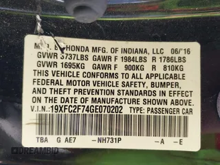 2016 Honda Civic Sedan EX with VIN 19XFC2F74GE070202, listed as a IAAI auction lot 41925477 with 148,453 mi miles. Bid and sale history available at carsss.com. Image 9.