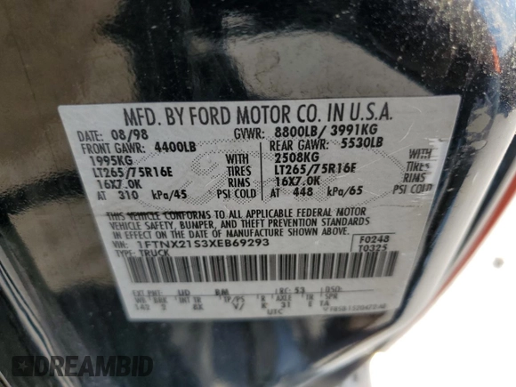 1999 Ford F-250 XL z VIN 1FTNX21S3XEB69293, wystawiony jako Copart lot #62887915 z przebiegiem 175 295 mil mil oraz Szkoda całkowita • Salvage title. Historia ofert i sprzedaży dostępna na DreamBid. Obrazek 12.