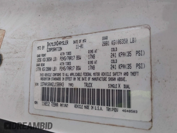 2002 Dodge 1500 with VIN 1D7HA16NX2J158843, listed as a IAAI auction lot 42118551 with 181,983 mi miles and . Bid and sale history available at DreamBid. Image 9.