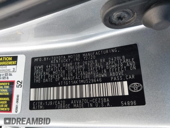 2021 Toyota Camry SE Nightshade with VIN 4T1G11AK1MU529646, listed as a IAAI auction lot 41650962 with 57,879 mi miles. Bid and sale history available at carsss.com. Image 9.