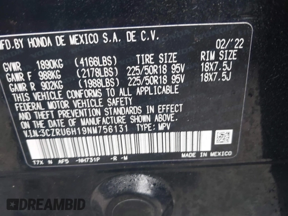 2022 Honda HR-V Sport with VIN 3CZRU6H19NM756131, listed as a IAAI auction lot 41620820 with 26,227 mi miles. Bid and sale history available at carsss.com. Image 9.