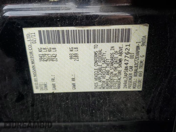 2011 Nissan Altima S with VIN 1N4AL2AP5BN477621, listed as a Copart auction lot 64810615 with 172,639 mi miles and Salvage title. Bid and sale history available at DreamBid. Image 12.