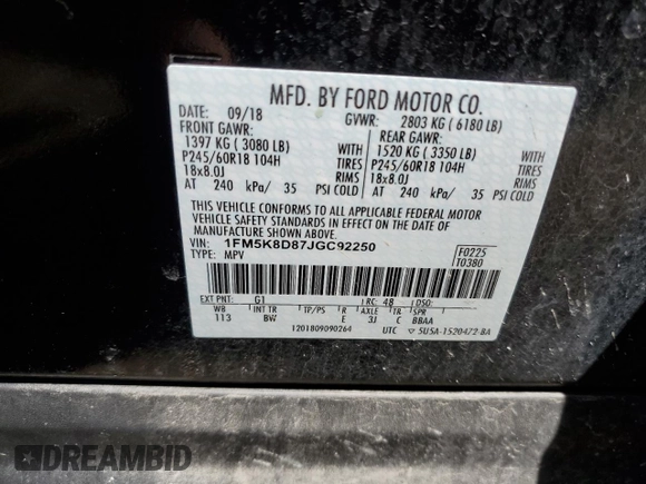 2018 Ford Explorer XLT с VIN 1FM5K8D87JGC92250, выставлен на аукционе Copart как лот 66128075 с пробегом 44 474 миль миль и Чистый • Clean title. История ставок и продаж доступна на DreamBid. Изображение 13.