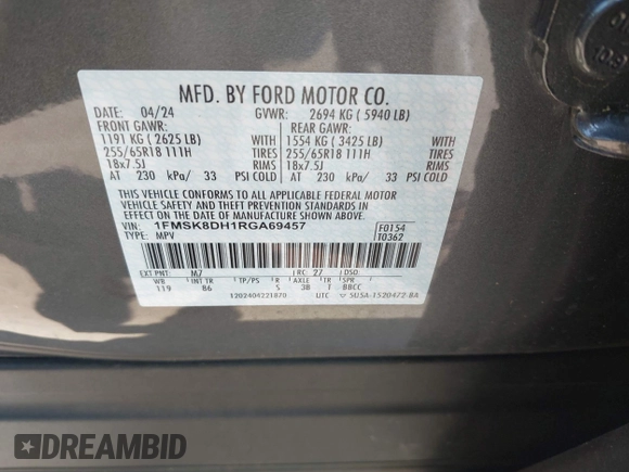 2024 Ford Explorer XLT с VIN 1FMSK8DH1RGA69457, выставлен на аукционе IAAI как лот 42542245 с пробегом 12 359 миль миль и . История ставок и продаж доступна на DreamBid. Изображение 9.