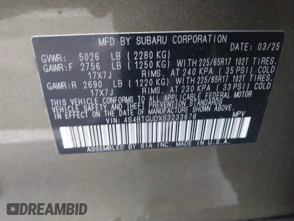 2025 Subaru Outback Wilderness z VIN 4S4BTGUDXS3233676, wystawiony jako IAAI lot #42219497 z przebiegiem 2 001 mil mil oraz . Historia ofert i sprzedaży dostępna na DreamBid. Obrazek 9.