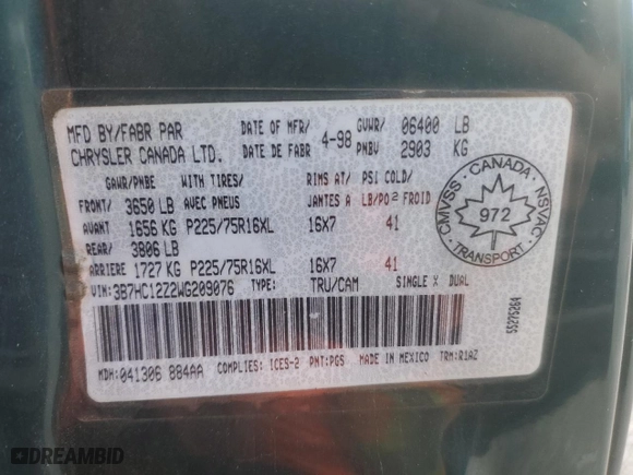 1998 Dodge Ram 1500 with VIN 3B7HC12Z2WG209076, listed as a Copart auction lot 74892394 with 219,965 mi miles and Salvage Title. Bid and sale history available at carsss.com. Image 14.