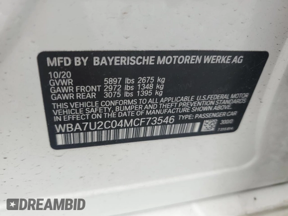 2021 BMW 7 Series 750i xDrive with VIN WBA7U2C04MCF73546, listed as a Copart auction lot 62587275 with 34,396 mi miles and Salvage title. Bid and sale history available at DreamBid. Image 12.