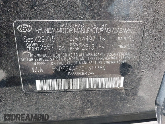 2016 Hyundai Sonata 2.4L with VIN 5NPE24AF7GH313389, listed as a IAAI auction lot 42049855 with 157,366 mi miles and . Bid and sale history available at carsss.com. Image 9.