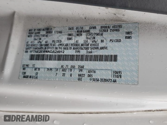 2010 Ford Econoline Cargo Commercial z VIN 1FTNE2EW4ADA24912, wystawiony jako Copart lot #49741184 z przebiegiem 508 798 mil mil oraz Czysty tytuł • Clean title. Historia ofert i sprzedaży dostępna na DreamBid. Obrazek 13.