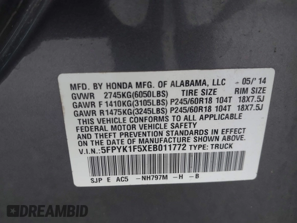 2014 Honda Ridgeline RTL with VIN 5FPYK1F5XEB011772, listed as a IAAI auction lot 42440390 with 145,219 mi miles and . Bid and sale history available at DreamBid. Image 9.