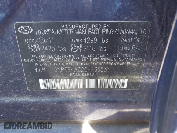 2012 Hyundai Sonata GLS with VIN 5NPEB4AC2CH435836, listed as a IAAI auction lot 41831072 with 89,060 mi miles and . Bid and sale history available at carsss.com. Image 9.