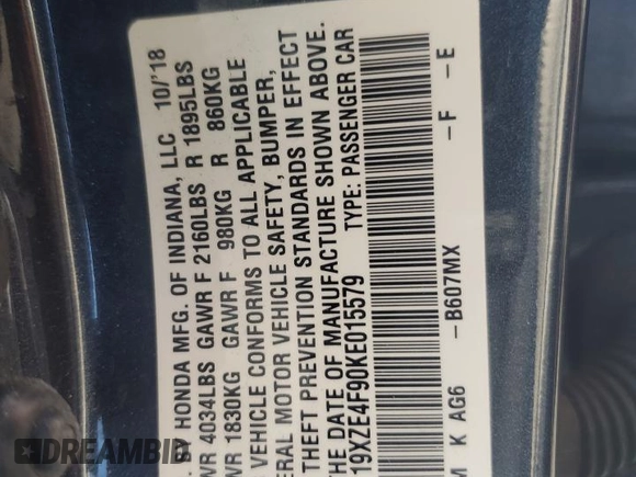 2019 Honda Insight Touring with VIN 19XZE4F90KE015579, listed as a Copart auction lot 58821075 with 26,560 mi miles and Salvage title. Bid and sale history available at DreamBid. Image 12.