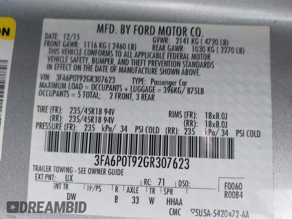 2016 Ford Fusion SE with VIN 3FA6P0T92GR307623, listed as a IAAI auction lot 42201937 with 195,789 mi miles and . Bid and sale history available at DreamBid. Image 9.