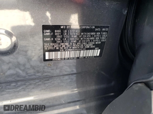 2022 Subaru Ascent Touring with VIN 4S4WMARD6N3449145, listed as a Copart auction lot 46438065 with 37,535 mi miles and Salvage Title. Bid and sale history available at DreamBid. Image 14.