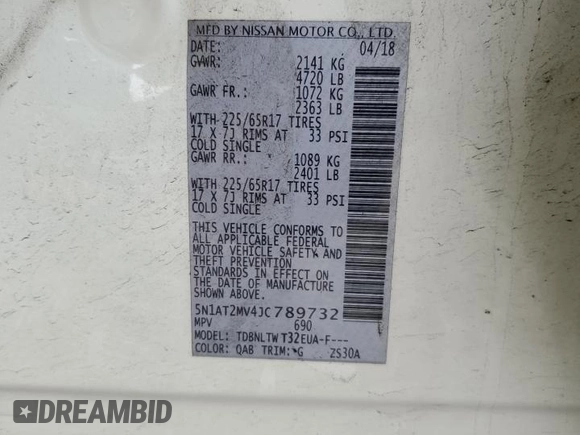 2018 Nissan Rogue SV z VIN 5N1AT2MV4JC789732, wystawiony jako Copart lot #86511094 z przebiegiem 80 628 mil mil oraz Szkoda całkowita • Salvage title. Historia ofert i sprzedaży dostępna na DreamBid. Obrazek 13.