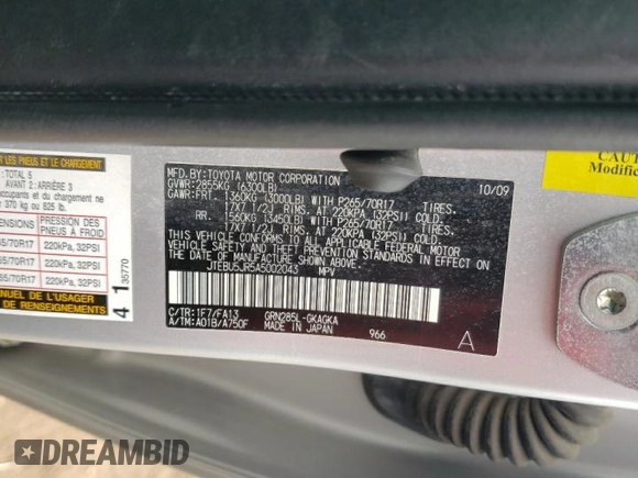2010 Toyota 4Runner Trail with VIN JTEBU5JR5A5002043, listed as a Copart auction lot 45320055 with 240,519 mi miles and Salvage Title. Bid and sale history available at DreamBid. Image 15.