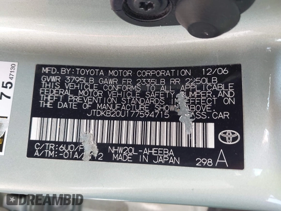 2007 Toyota Prius with VIN JTDKB20U177594715, listed as a IAAI auction lot 42629072 with 238,277 mi miles and . Bid and sale history available at DreamBid. Image 9.