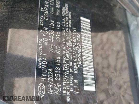 2024 Hyundai Sonata SEL с VIN KMHL64JA6RA401131, выставлен на аукционе Copart как лот 55898425 с пробегом 9 498 миль миль и Списание • Salvage title. История ставок и продаж доступна на DreamBid. Изображение 13.