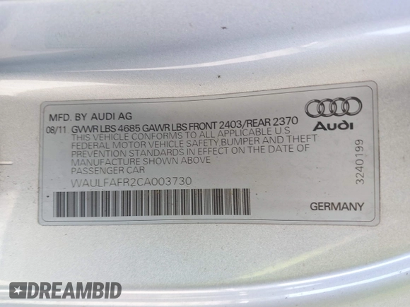 2012 Audi A5 Premium Plus z VIN WAULFAFR2CA003730, wystawiony jako IAAI lot #41659627 z przebiegiem 110 392 mil mil oraz . Historia ofert i sprzedaży dostępna na DreamBid. Obrazek 9.