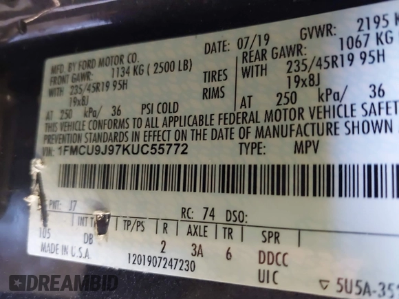 2019 Ford Escape Titanium with VIN 1FMCU9J97KUC55772, listed as a IAAI auction lot 42514001 with 77,737 mi miles and . Bid and sale history available at DreamBid. Image 9.