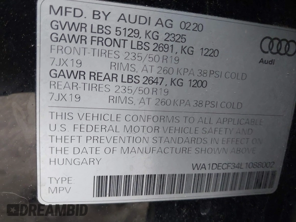 2020 Audi Q3 S line Premium z VIN WA1DECF34L1088002, wystawiony jako IAAI lot #41332352 z przebiegiem 41 196 mil mil oraz . Historia ofert i sprzedaży dostępna na DreamBid. Obrazek 9.
