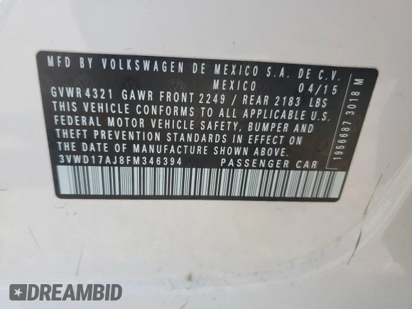 2015 Volkswagen Jetta Sport with VIN 3VWD17AJ8FM346394, listed as a Copart auction lot 59743945 with 144,958 mi miles and Salvage title. Bid and sale history available at DreamBid. Image 12.