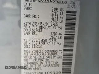 2022 Nissan Murano SL z VIN 5N1AZ2CS8NC109309, wystawiony jako Copart lot #44329765 z przebiegiem 22 069 mil mil oraz Szkoda całkowita • Salvage title. Historia ofert i sprzedaży dostępna na DreamBid. Obrazek 13.