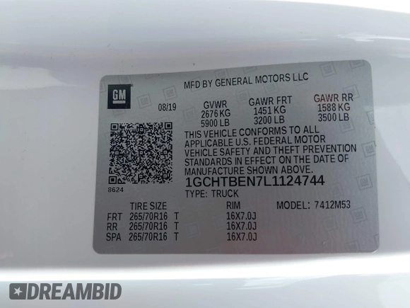2020 Chevrolet Colorado 4WD Work Truck with VIN 1GCHTBEN7L1124744, listed as a IAAI auction lot 42755629 with 132,704 mi miles and . Bid and sale history available at DreamBid. Image 9.