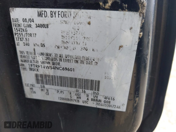 2004 Ford F-150 XL with VIN 1FTRF14W54NC69601, listed as a IAAI auction lot 41930211 with 144,249 mi miles and . Bid and sale history available at DreamBid. Image 9.
