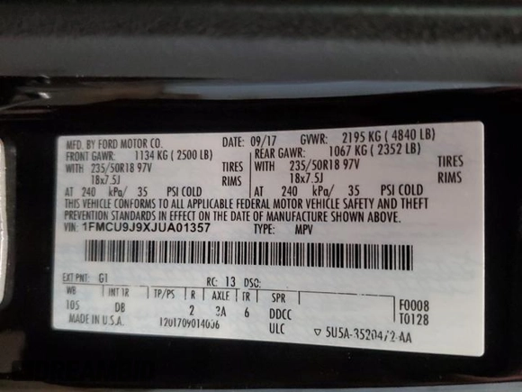 2018 Ford Escape Titanium with VIN 1FMCU9J9XJUA01357, listed as a Copart auction lot 56868735 with 67,315 mi miles and Salvage title. Bid and sale history available at DreamBid. Image 14.