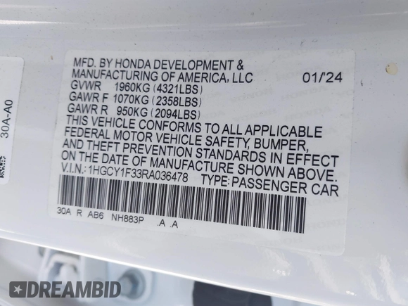 2024 Honda Accord EX with VIN 1HGCY1F33RA036478, listed as a IAAI auction lot 41882062 with 2,364 mi miles and . Bid and sale history available at DreamBid. Image 9.